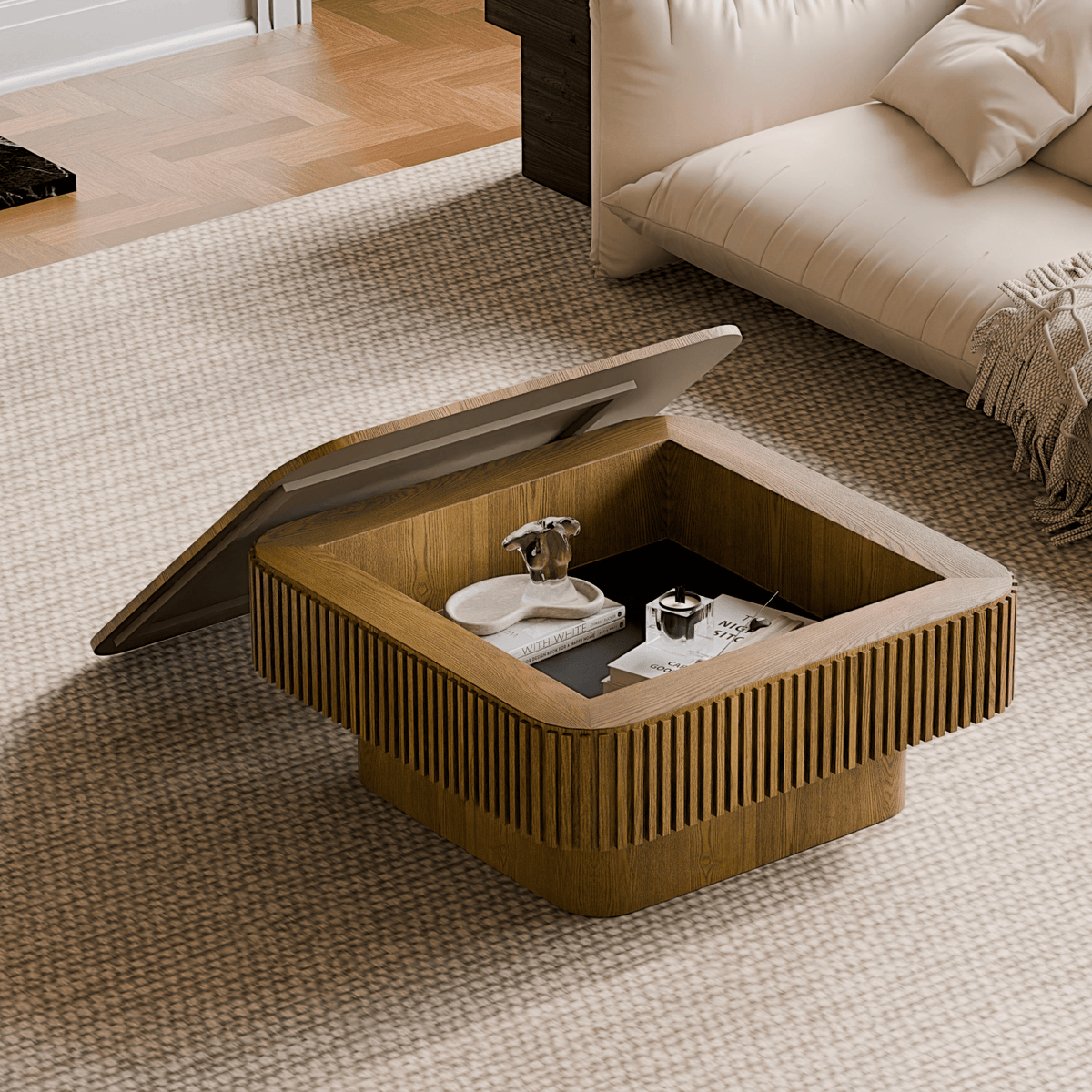 Square Coffee Table with Storage, Solid Wood Veneer Modern Accent Tea Table - Mervyns