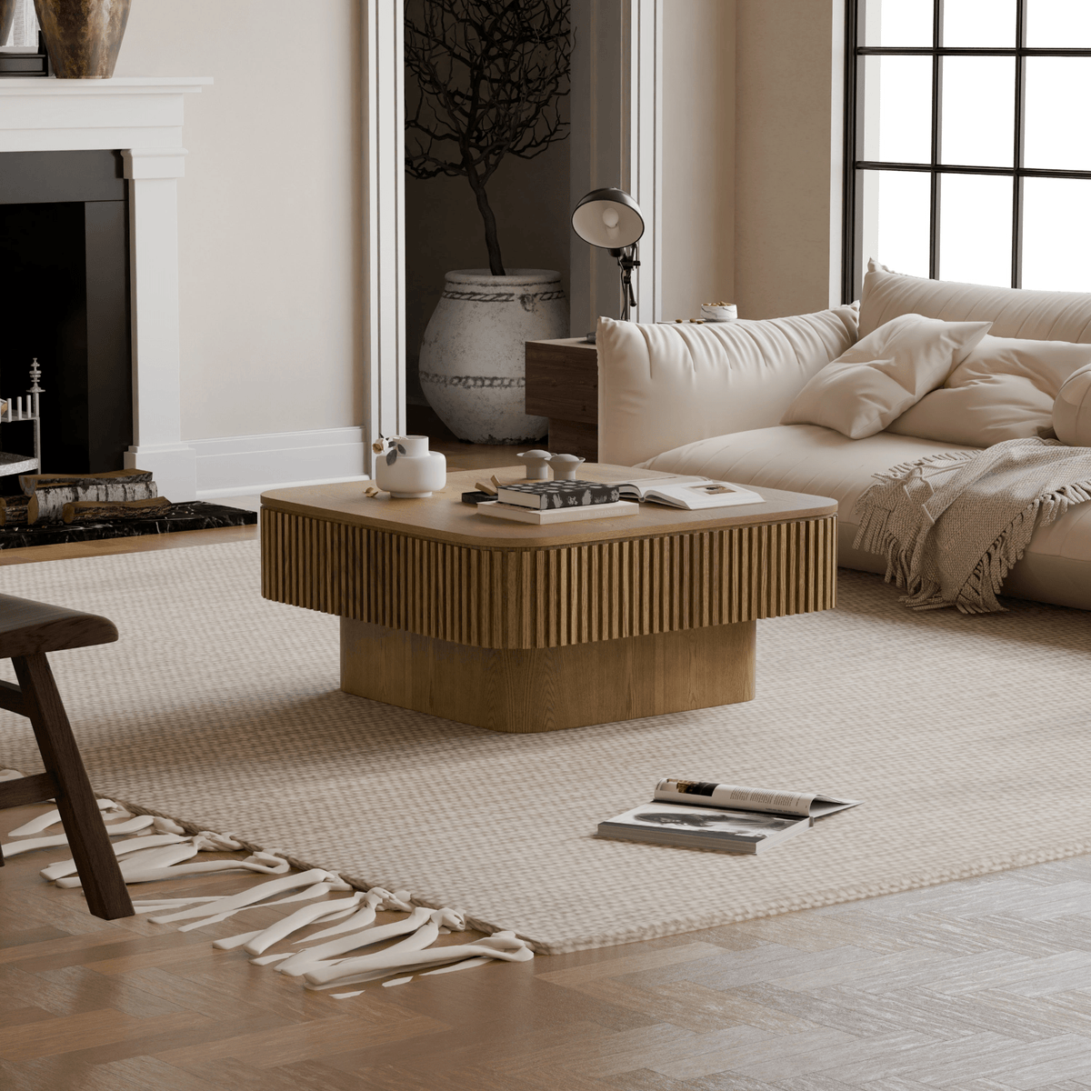 Square Coffee Table with Storage, Solid Wood Veneer Modern Accent Tea Table - Mervyns