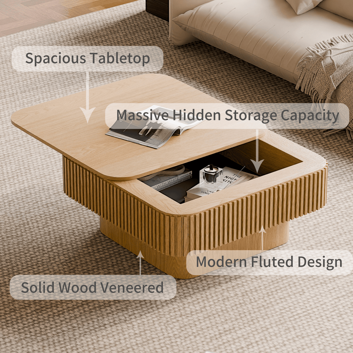 Square Coffee Table with Storage, Solid Wood Veneer Modern Accent Tea Table - Mervyns