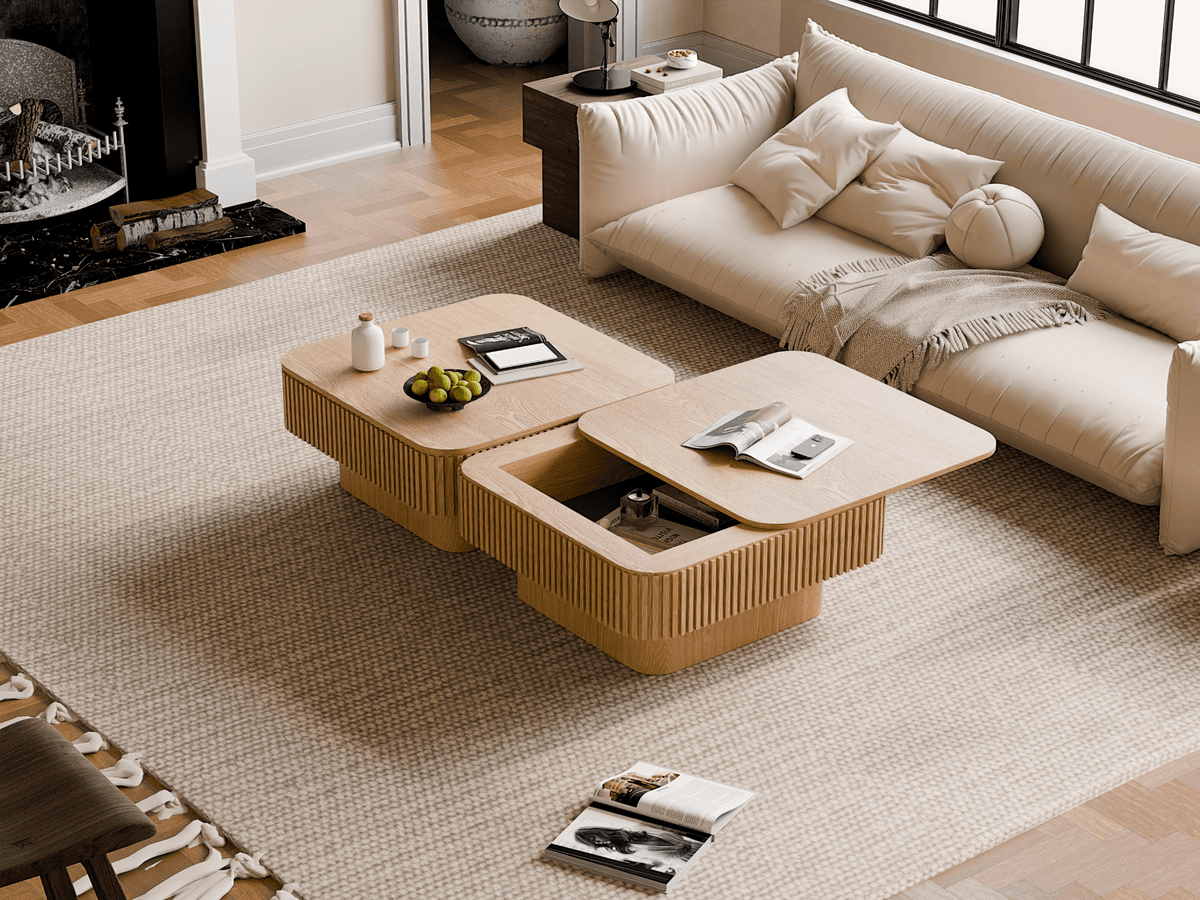 Square Coffee Table with Storage, Solid Wood Veneer Modern Accent Tea Table - Mervyns