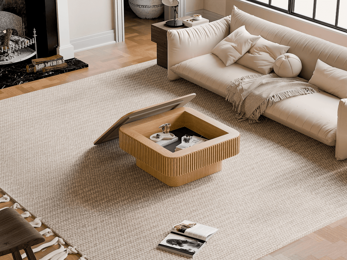 Square Coffee Table with Storage, Solid Wood Veneer Modern Accent Tea Table - Mervyns