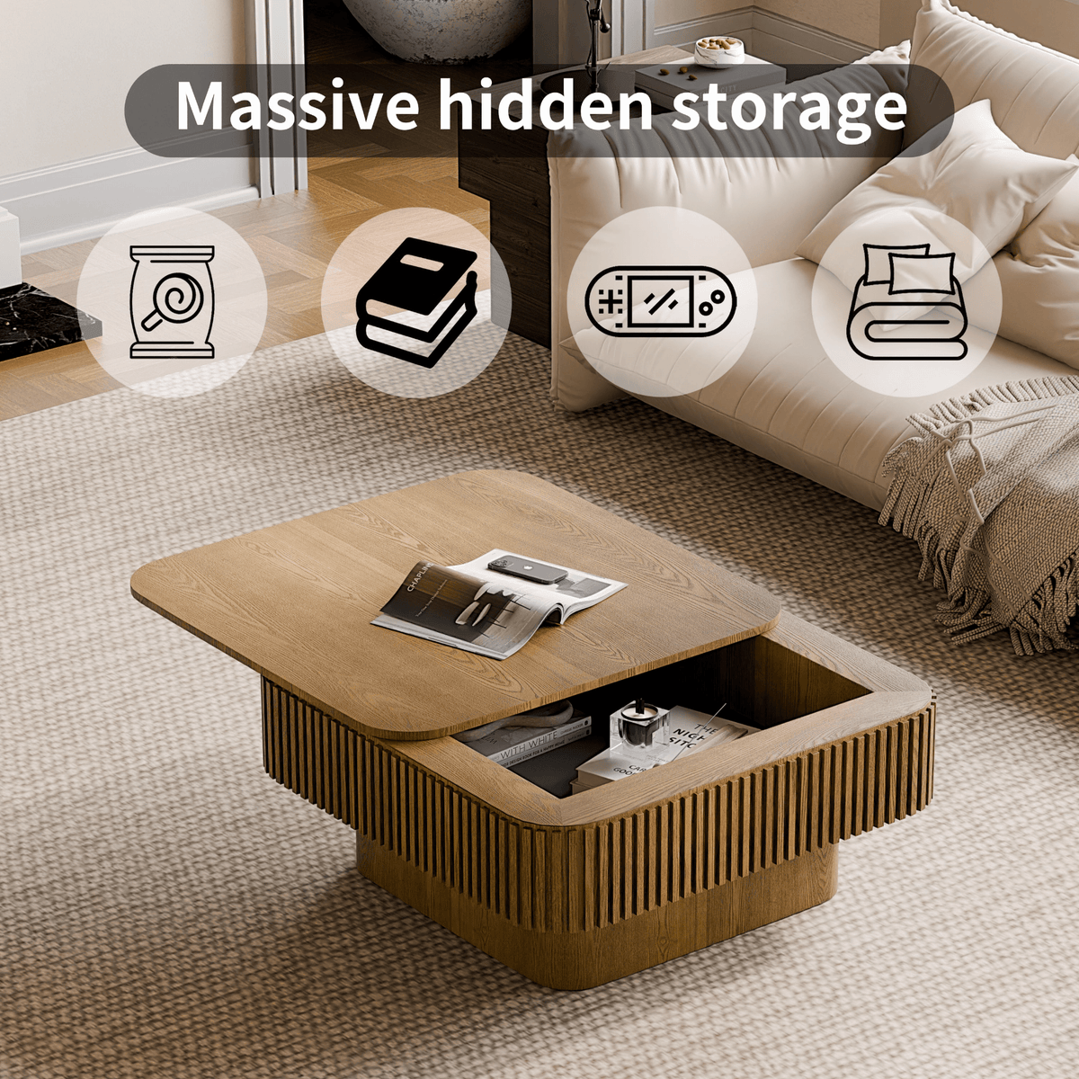 Square Coffee Table with Storage, Solid Wood Veneer Modern Accent Tea Table - Mervyns