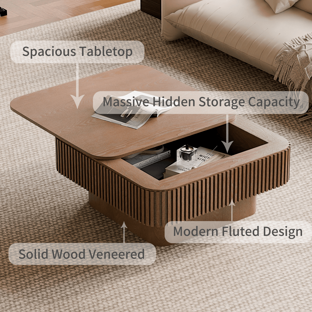 Square Coffee Table with Storage, Solid Wood Veneer Modern Accent Tea Table - Mervyns