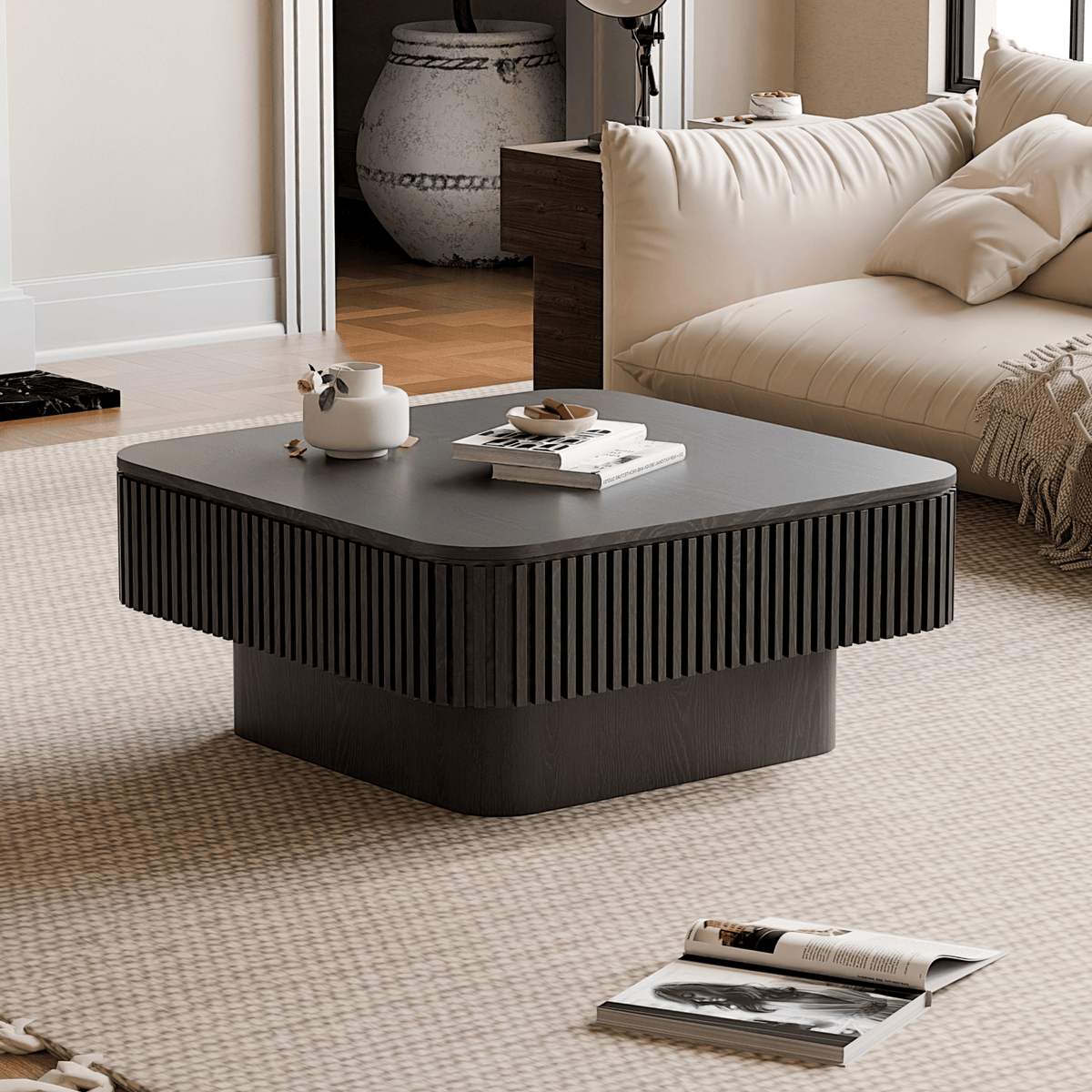 Square Coffee Table with Storage, Solid Wood Veneer Modern Accent Tea Table - Mervyns