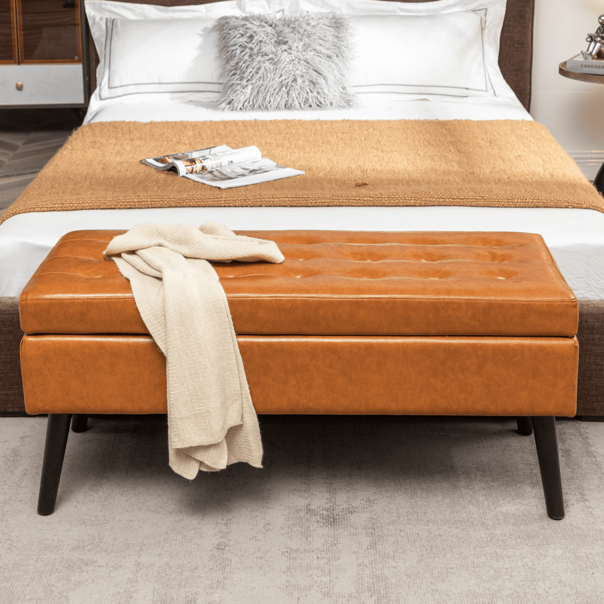Storage Bench with Storage Bench for Bedroom End of Bed Bench Foot of Bed Bench Entryway Bench Storage Ottoman Bench 43.3' W x 17.7' Brown Leather Bench - Mervyns