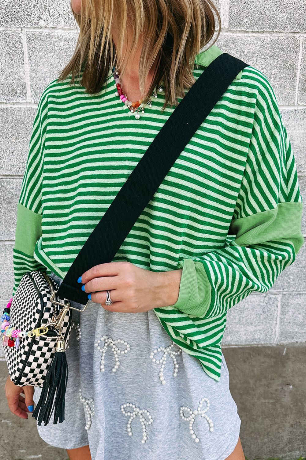 Stripe Johnny Collar Long Sleeve Top - Mervyns