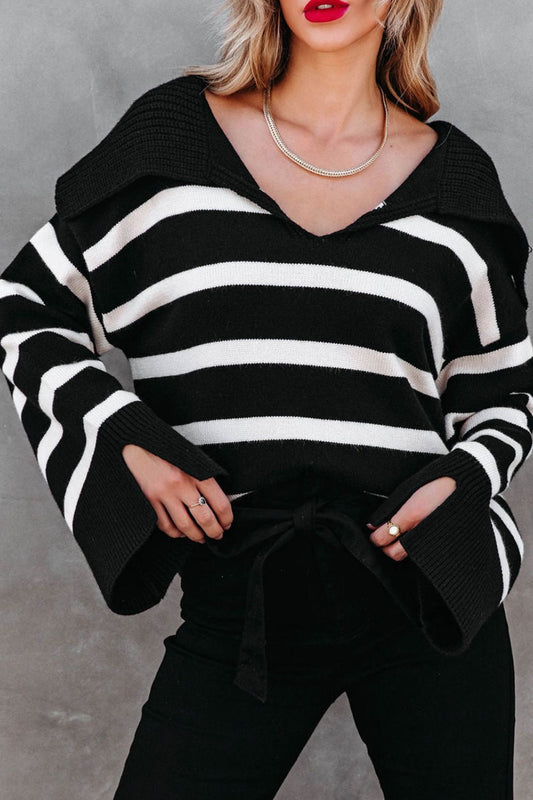 Striped Johnny Collar Long Sleeve Sweater - Mervyns