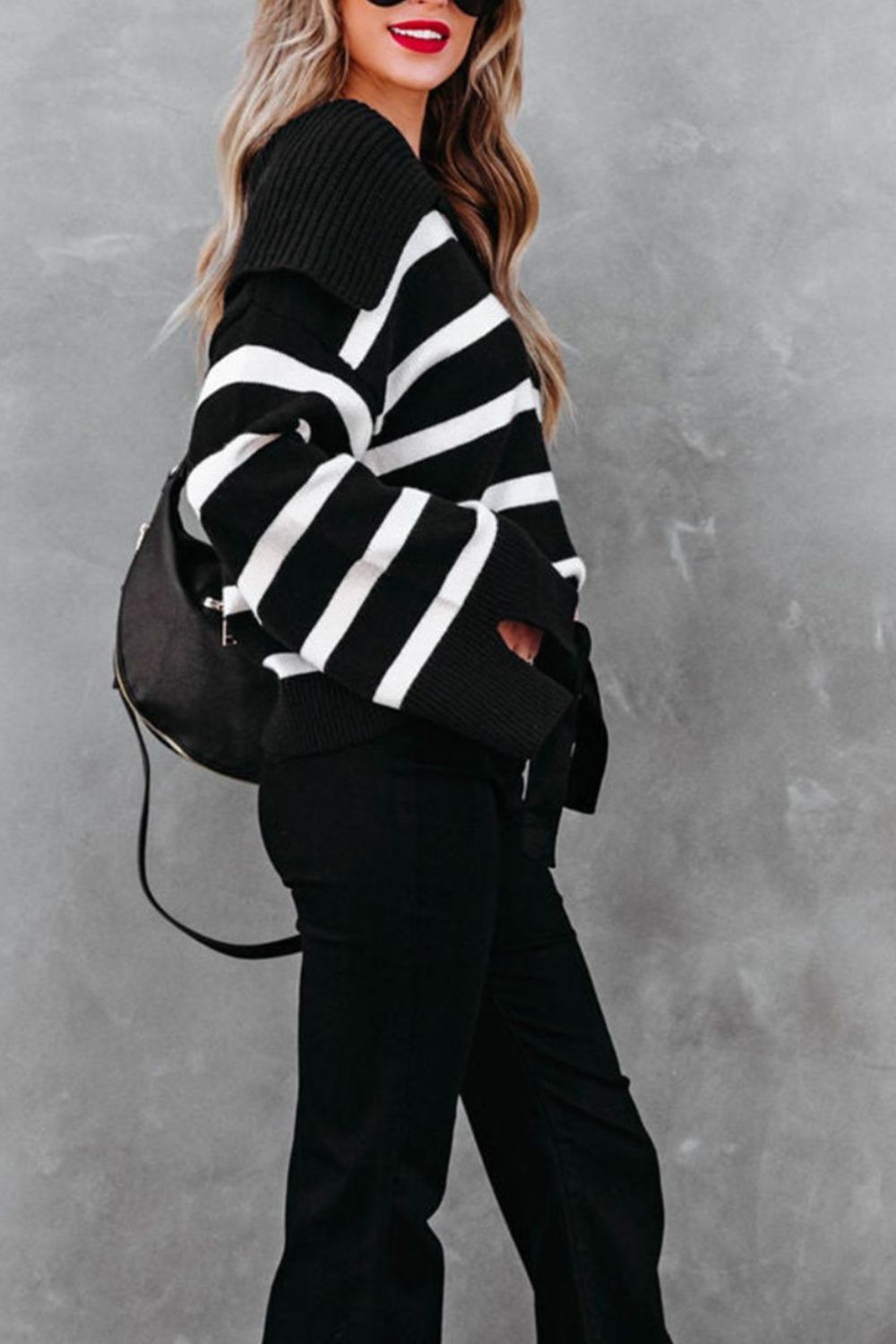 Striped Johnny Collar Long Sleeve Sweater - Mervyns