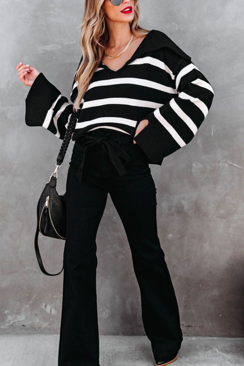 Striped Johnny Collar Long Sleeve Sweater - Mervyns