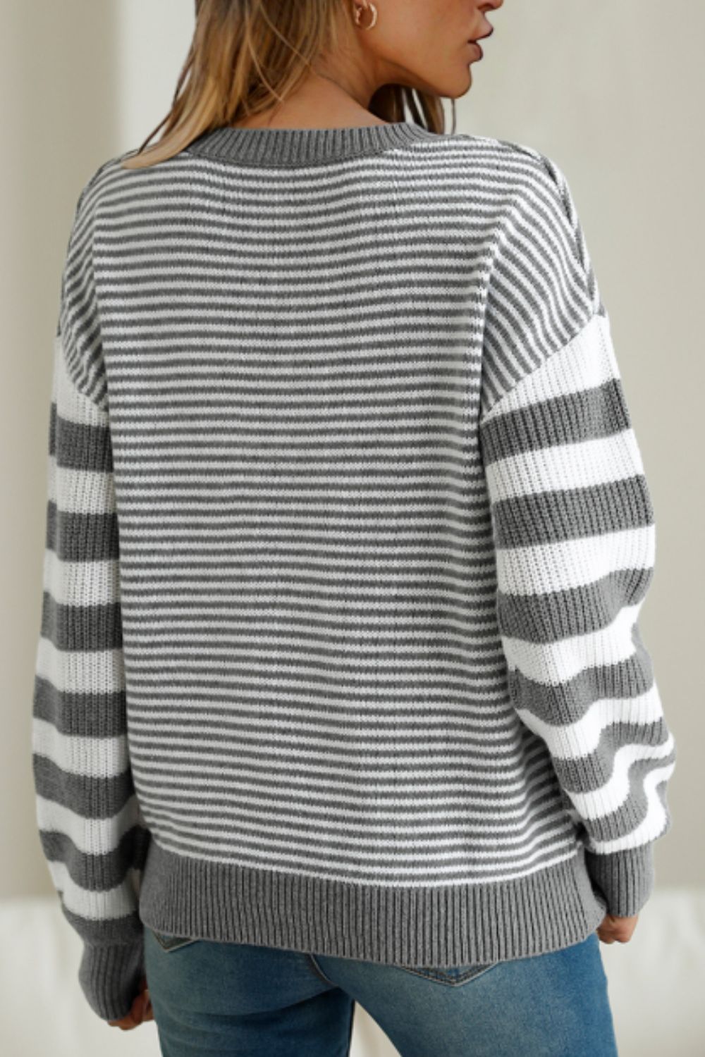 Striped Round Neck Dropped Shoulder Sweater - Mervyns