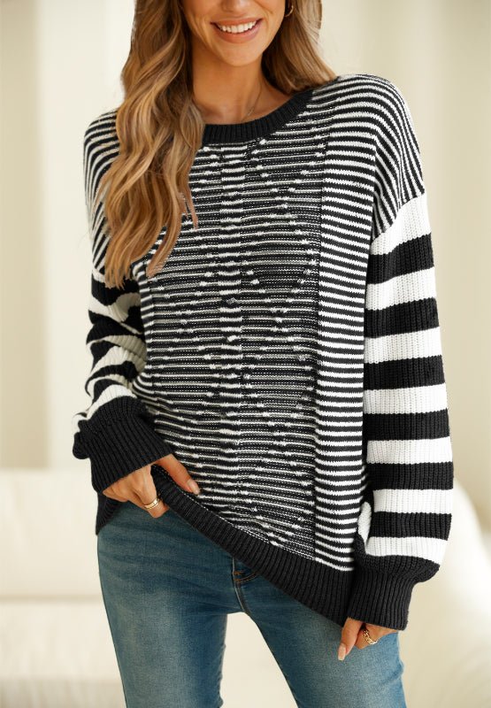 Striped Round Neck Dropped Shoulder Sweater - Mervyns