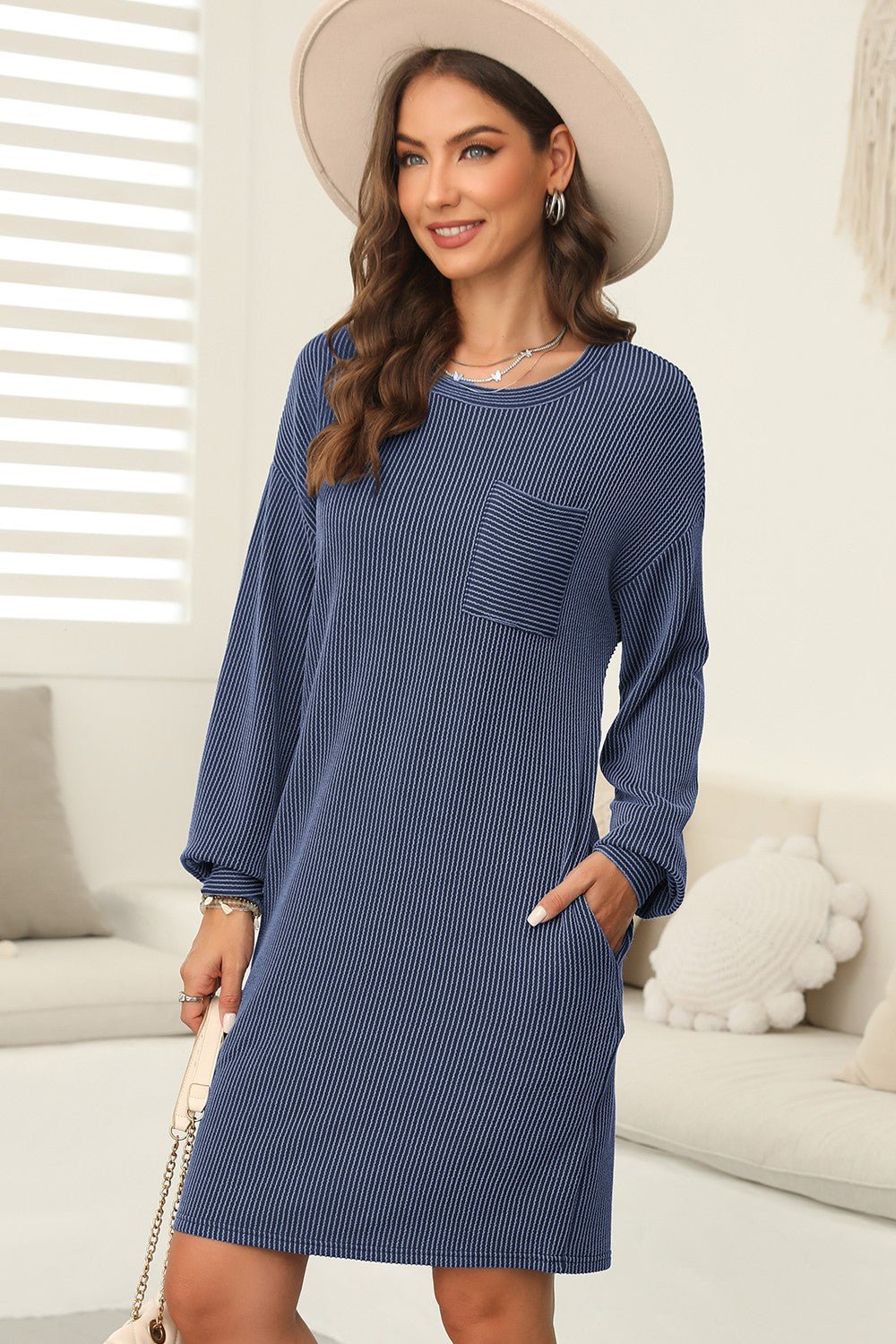 Striped Round Neck Long Sleeve Mini Dress - Mervyns