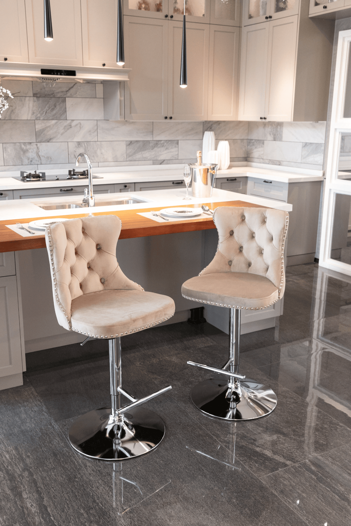 Swivel Velvet Barstools Adjustable 25–33in Height, Upholstered Chrome Base, Tufted Back - Mervyns