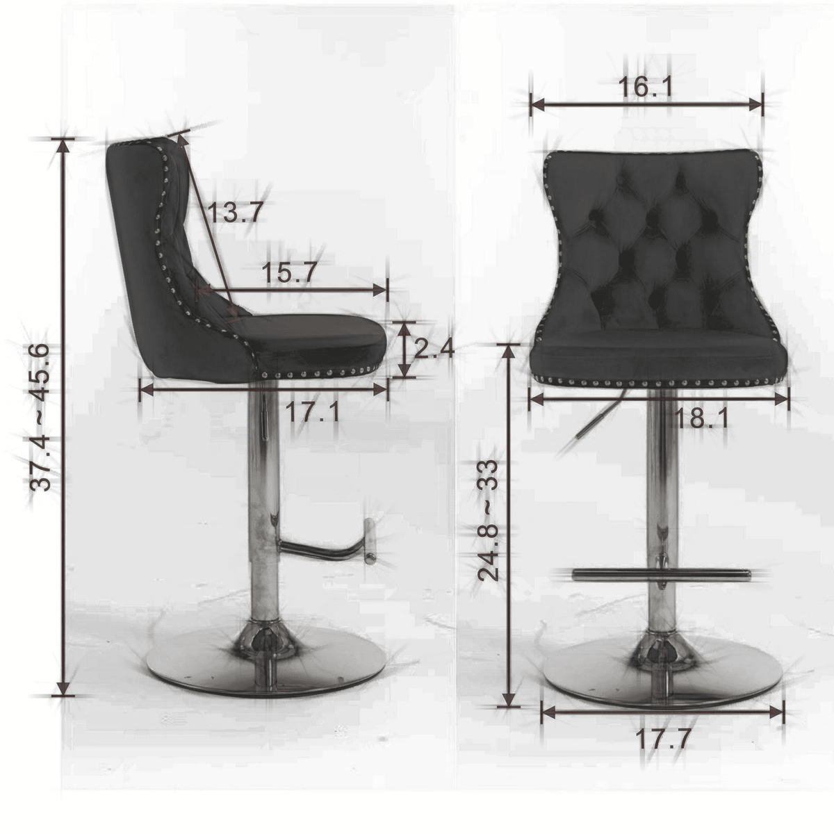 Swivel Velvet Barstools Adjustable 25–33in Height, Upholstered Chrome Base, Tufted Back - Mervyns