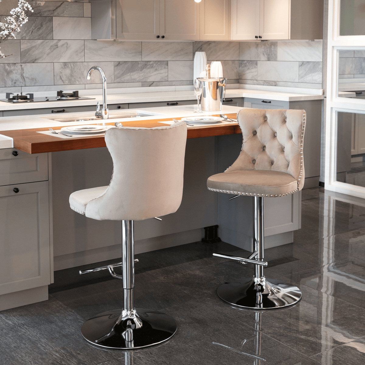 Swivel Velvet Barstools Adjustable 25–33in Height, Upholstered Chrome Base, Tufted Back - Mervyns