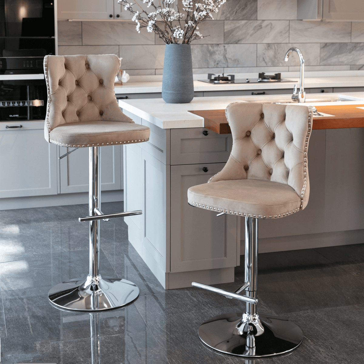 Swivel Velvet Barstools Adjustable 25–33in Height, Upholstered Chrome Base, Tufted Back - Mervyns