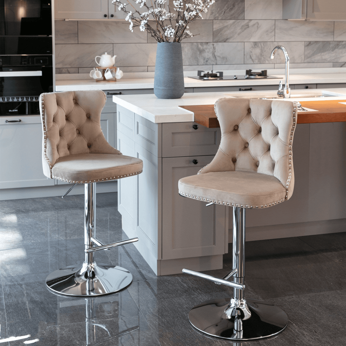 Swivel Velvet Barstools Adjustable 25–33in Height, Upholstered Chrome Base, Tufted Back - Mervyns