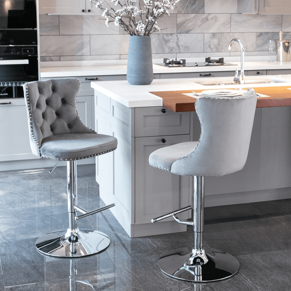 Swivel Velvet Barstools Adjustable 25–33in Height, Upholstered Chrome Base, Tufted Back - Mervyns