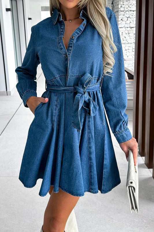 Tied Half Button Long Sleeve Denim Dress - Mervyns