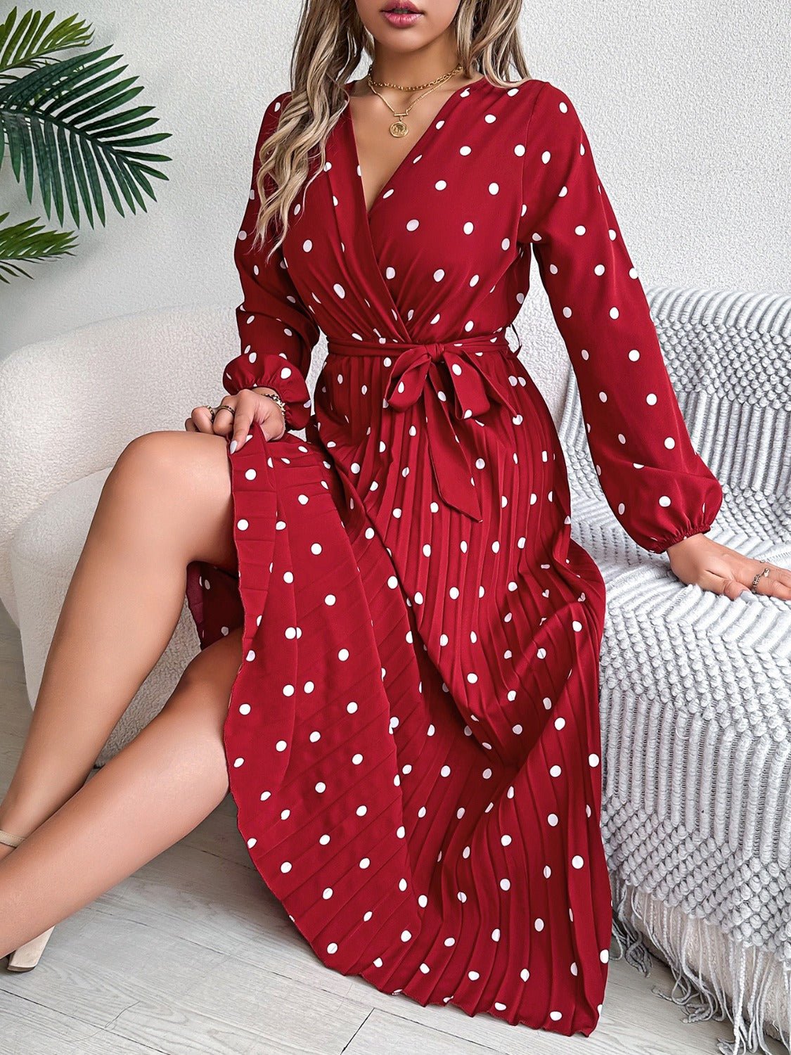Tied Polka Dot Long Sleeve Midi Dress - Mervyns