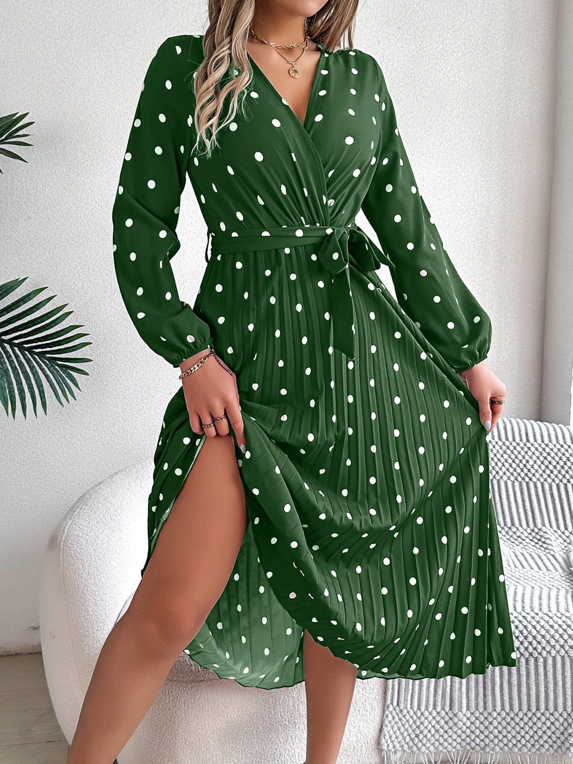 Tied Polka Dot Long Sleeve Midi Dress - Mervyns