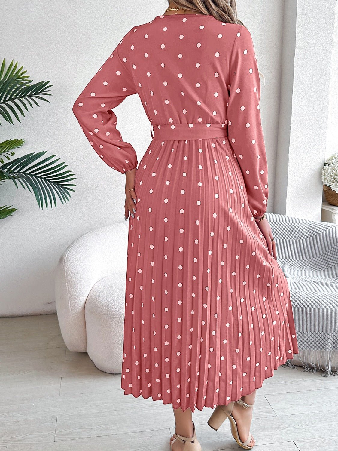 Tied Polka Dot Long Sleeve Midi Dress - Mervyns