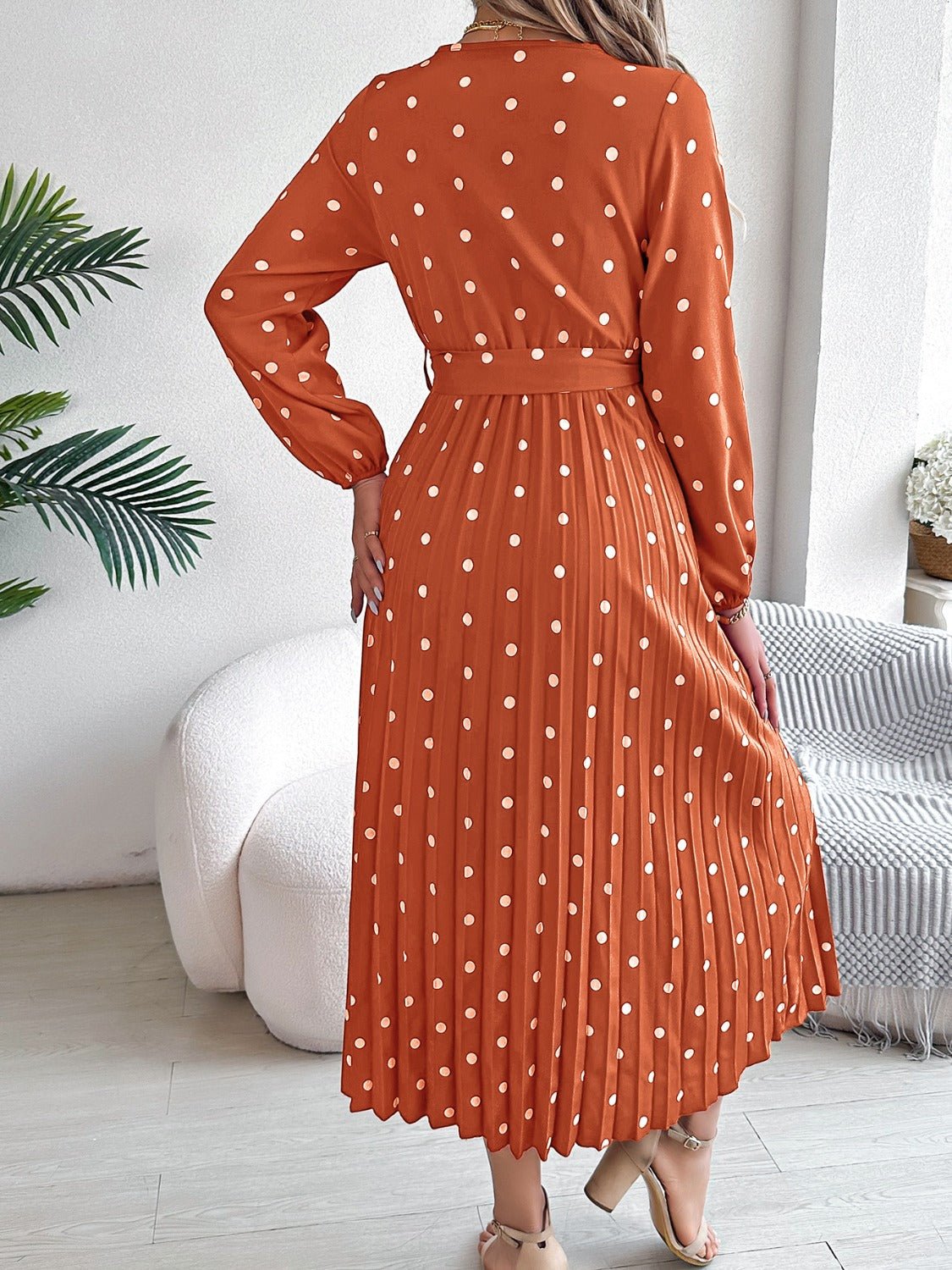 Tied Polka Dot Long Sleeve Midi Dress - Mervyns