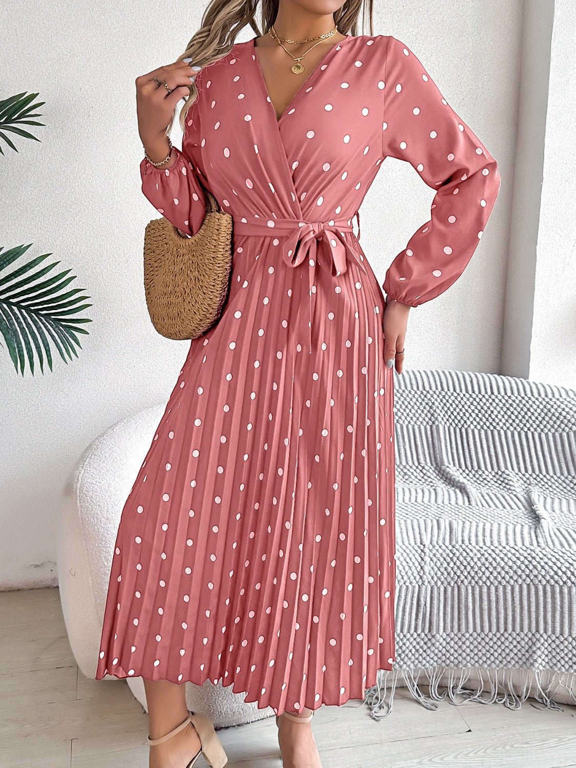 Tied Polka Dot Long Sleeve Midi Dress - Mervyns