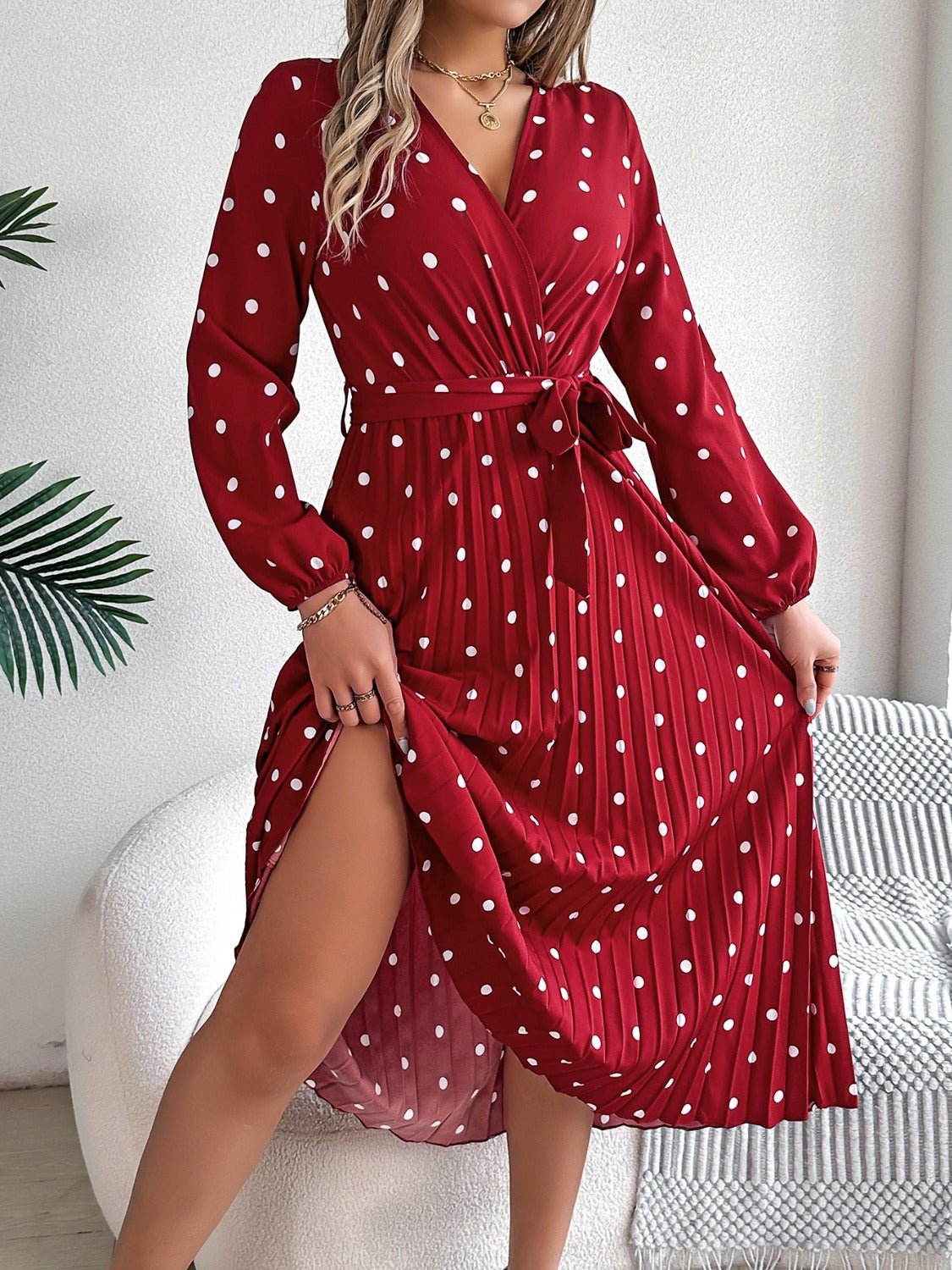 Tied Polka Dot Long Sleeve Midi Dress - Mervyns