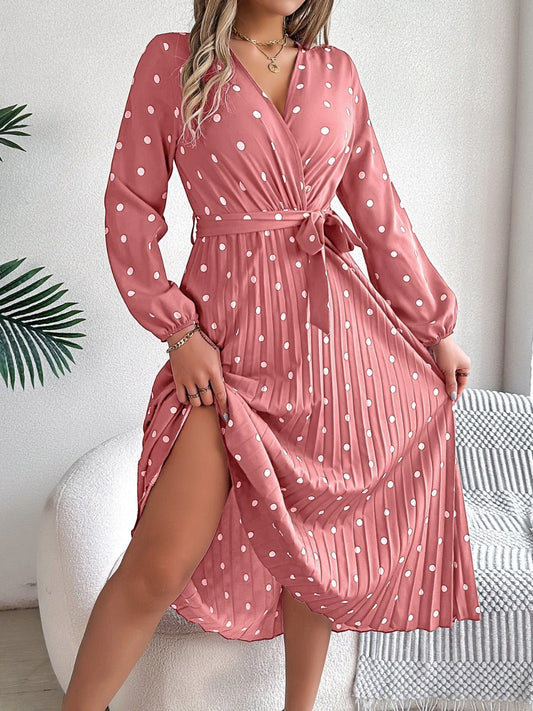 Tied Polka Dot Long Sleeve Midi Dress - Mervyns