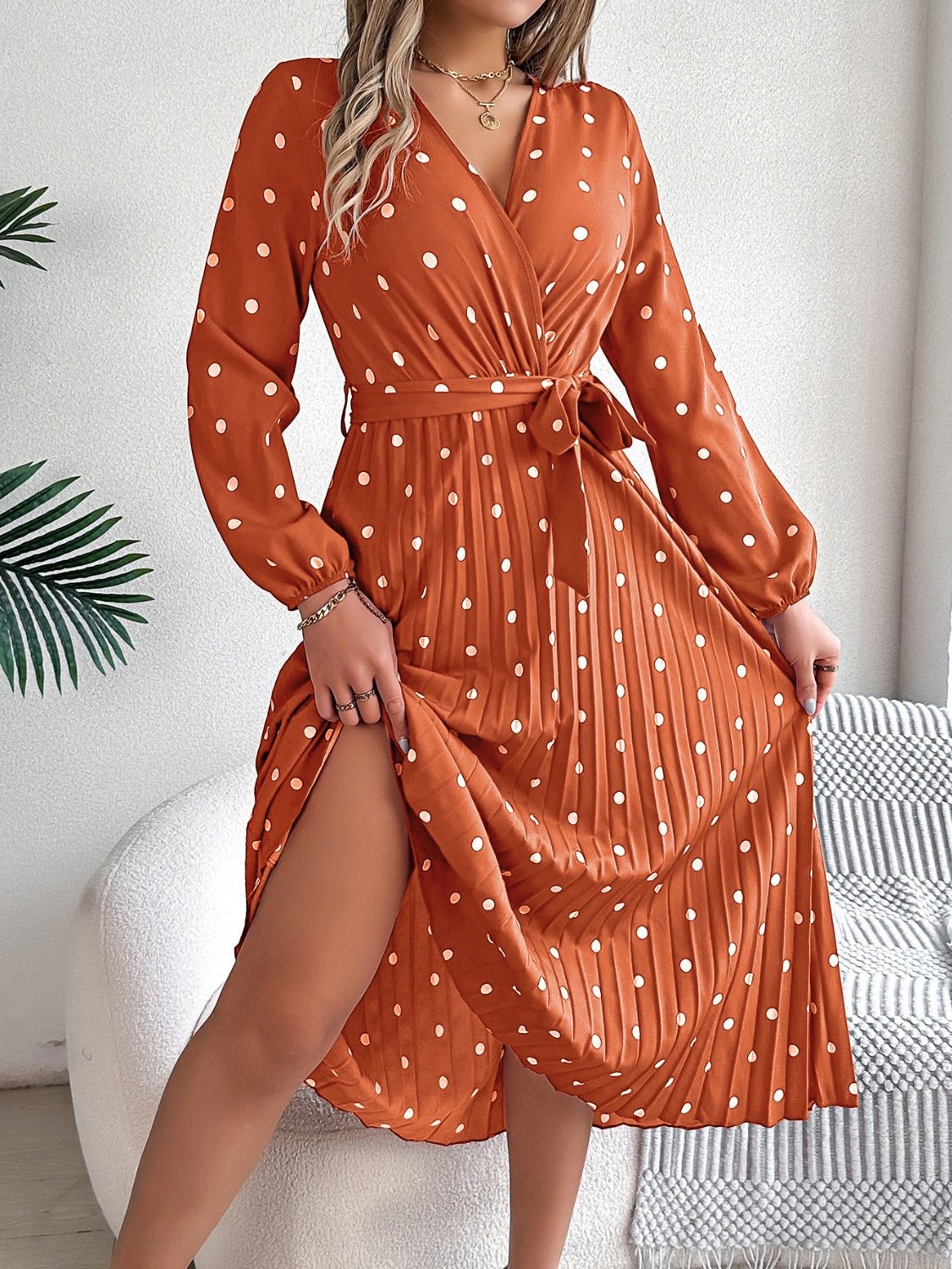 Tied Polka Dot Long Sleeve Midi Dress - Mervyns