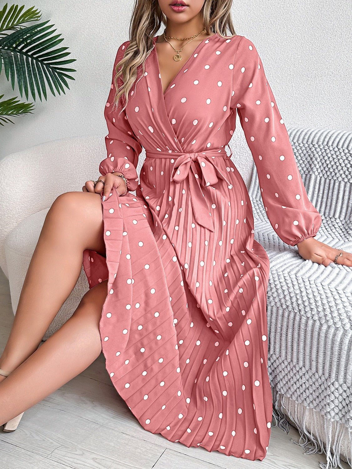 Tied Polka Dot Long Sleeve Midi Dress - Mervyns
