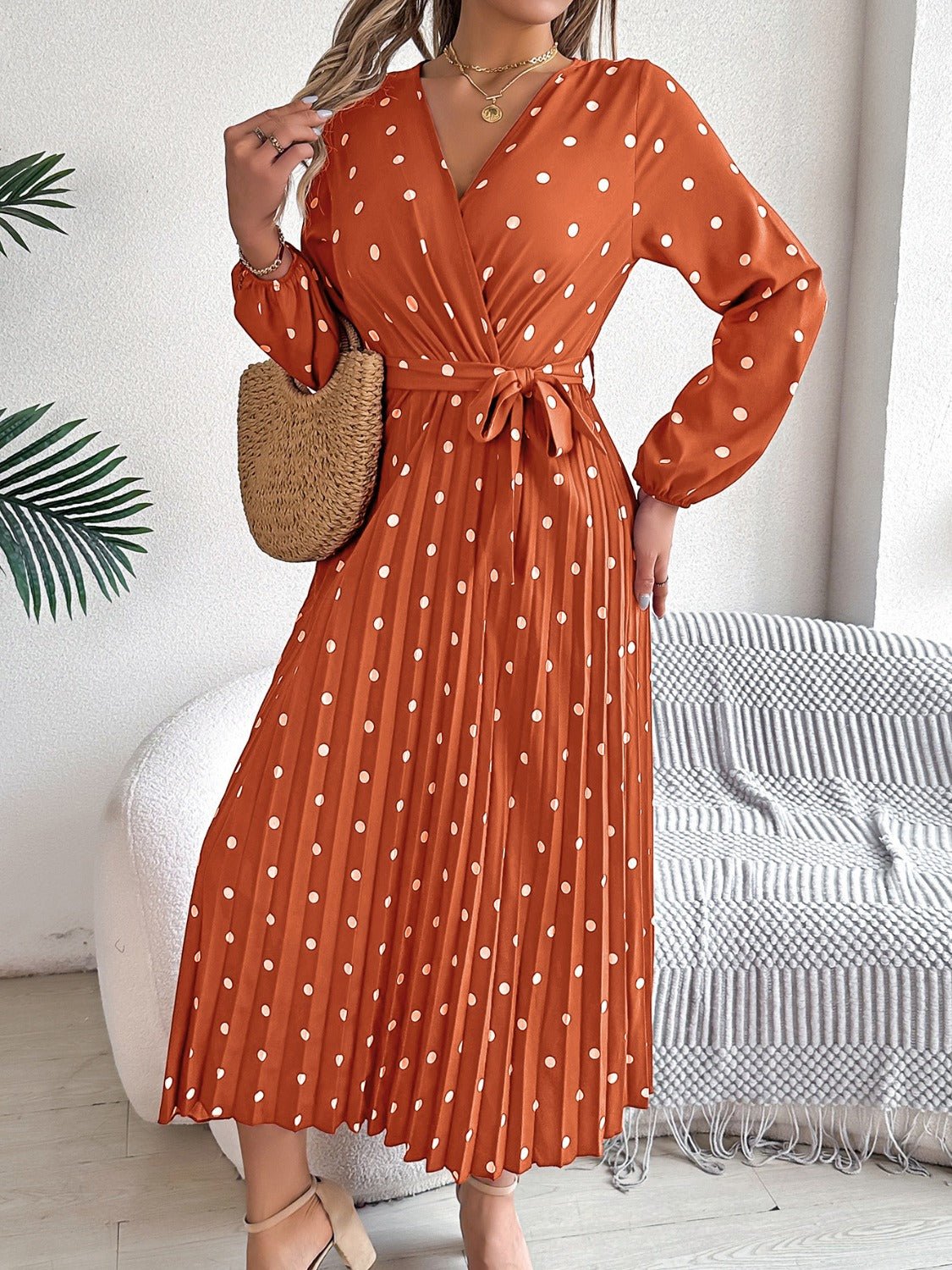 Tied Polka Dot Long Sleeve Midi Dress - Mervyns