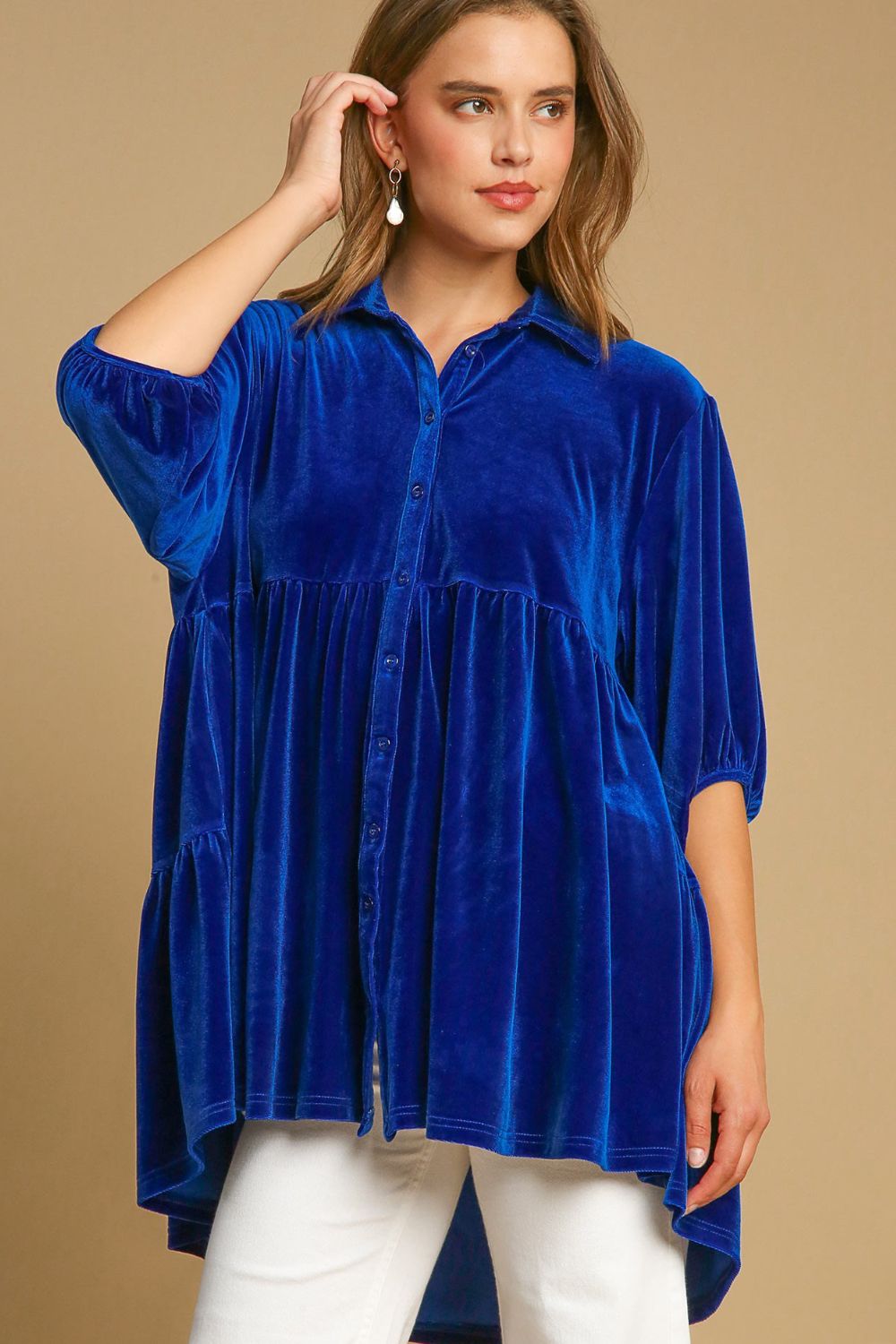 Umgee Button Down Tiered Back High Low Shirt - Mervyns