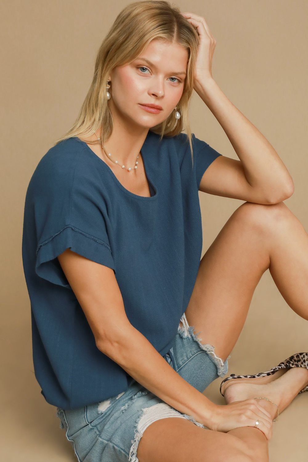 Umgee Drawstring Hem Round Neck Short Sleeve T-Shirt - Mervyns