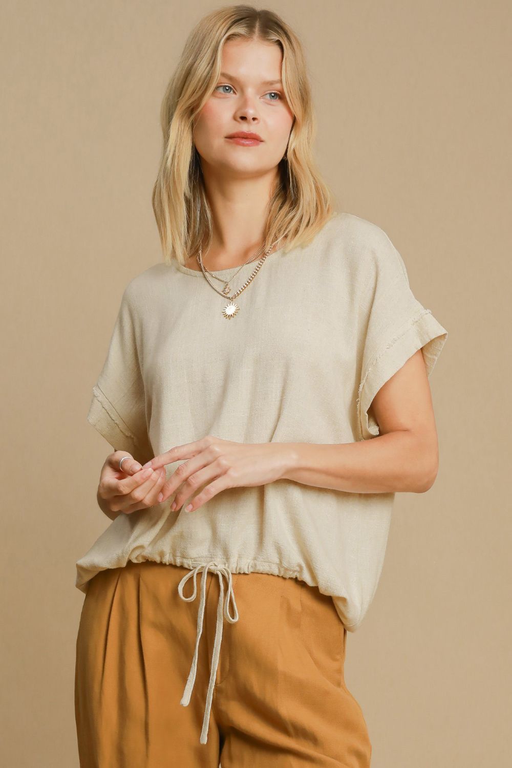 Umgee Drawstring Hem Round Neck Short Sleeve T-Shirt - Mervyns