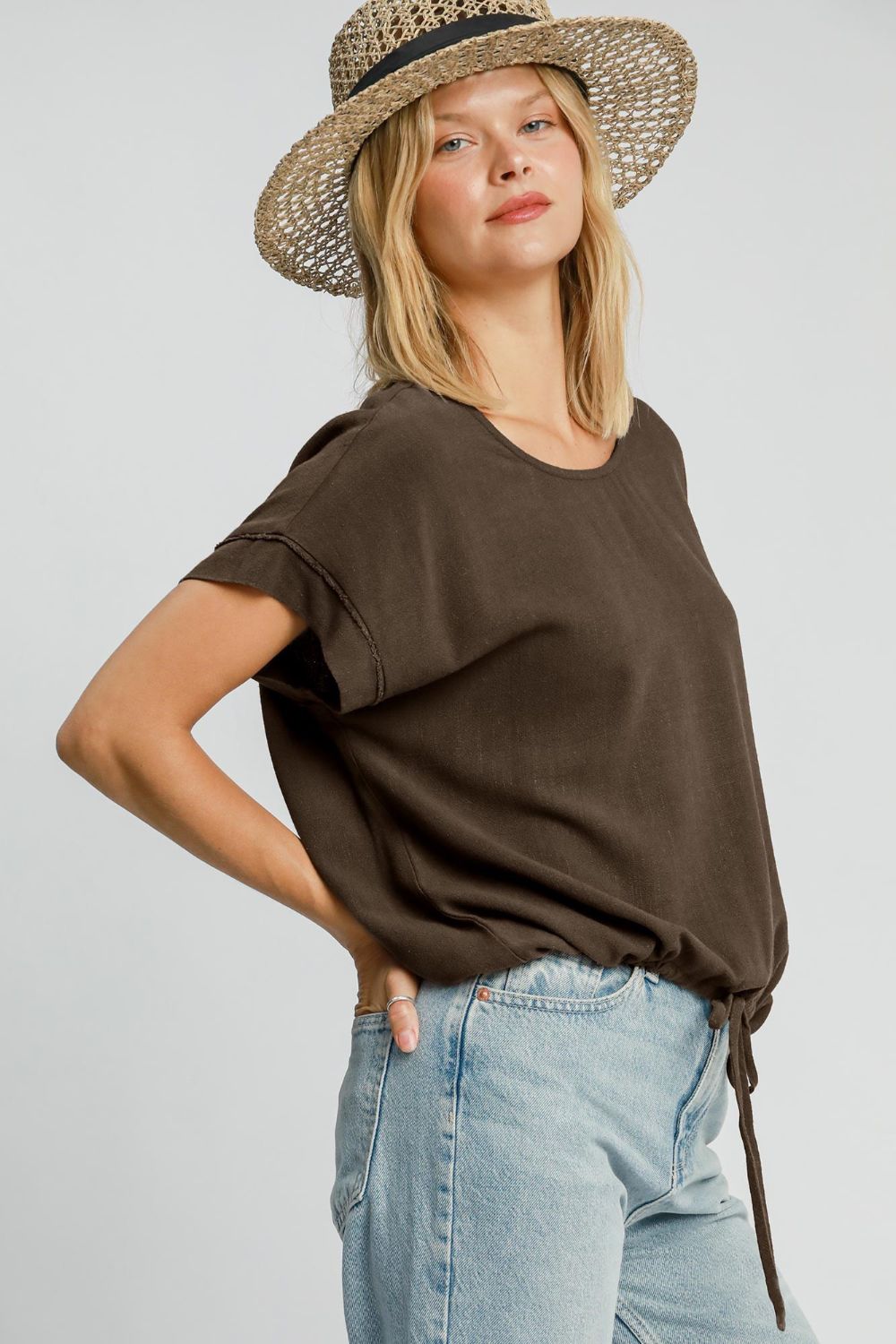 Umgee Drawstring Hem Round Neck Short Sleeve T-Shirt - Mervyns