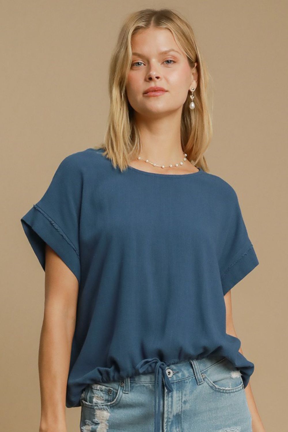 Umgee Drawstring Hem Round Neck Short Sleeve T-Shirt - Mervyns