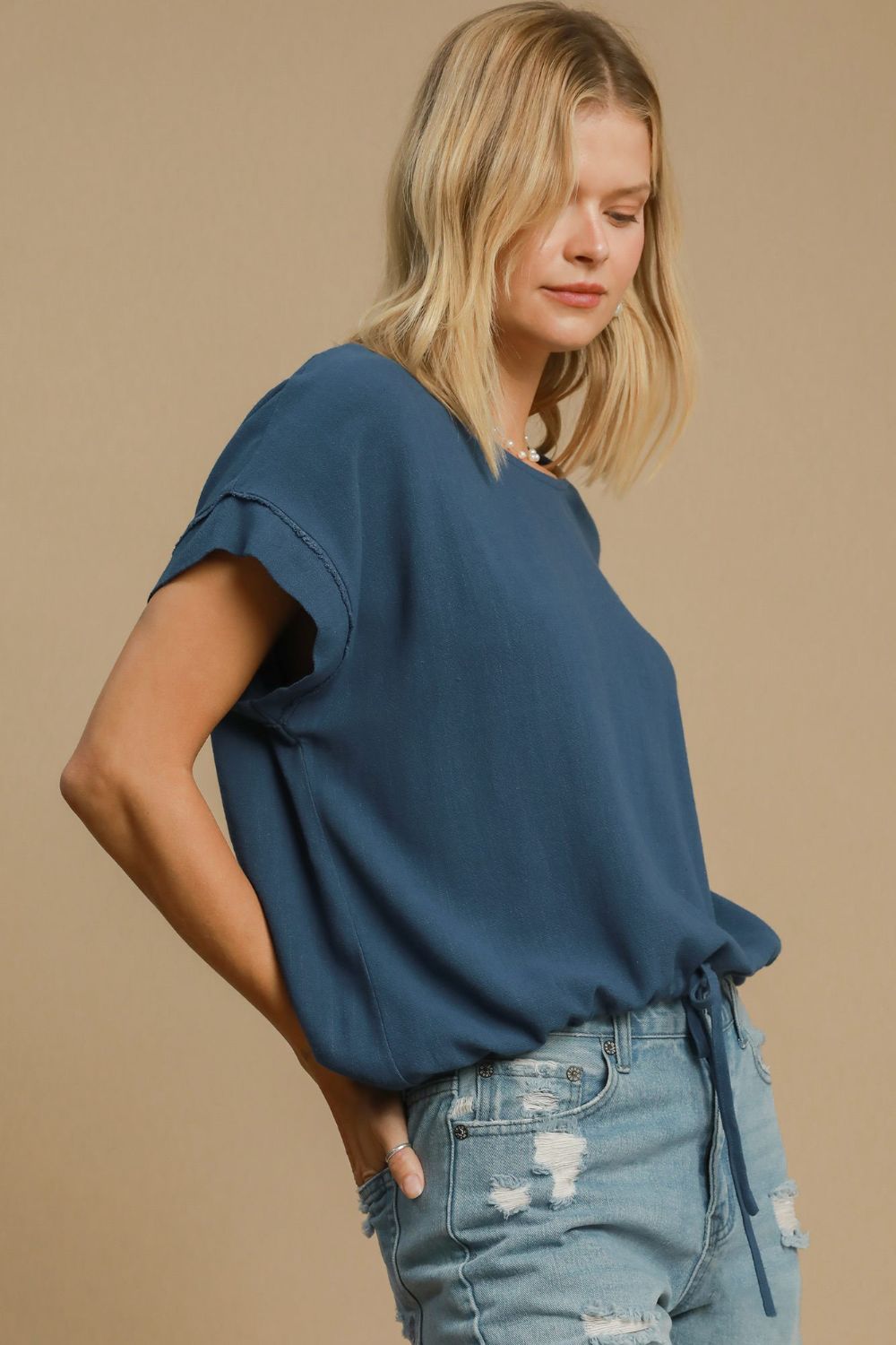 Umgee Drawstring Hem Round Neck Short Sleeve T-Shirt - Mervyns