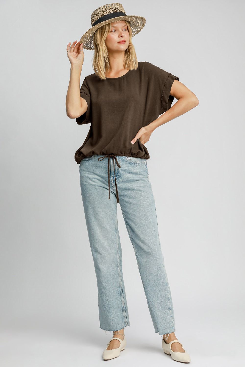 Umgee Drawstring Hem Round Neck Short Sleeve T-Shirt - Mervyns
