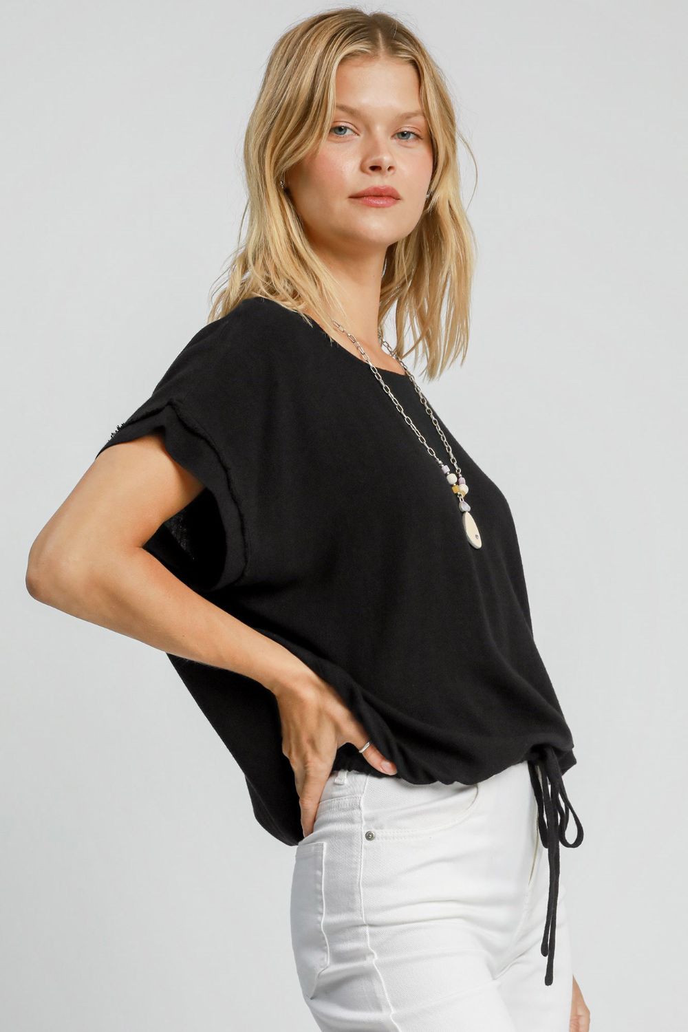Umgee Drawstring Hem Round Neck Short Sleeve T-Shirt - Mervyns