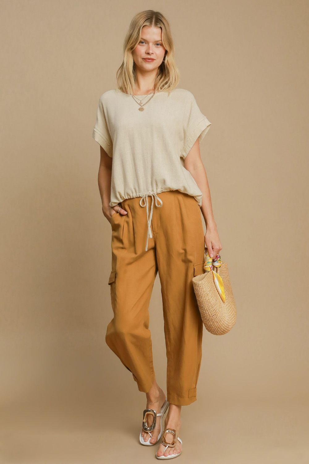 Umgee Drawstring Hem Round Neck Short Sleeve T-Shirt - Mervyns