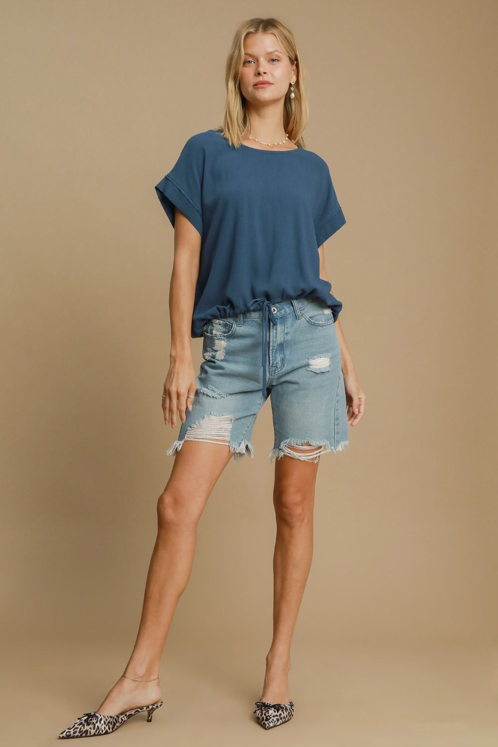 Umgee Drawstring Hem Round Neck Short Sleeve T-Shirt - Mervyns