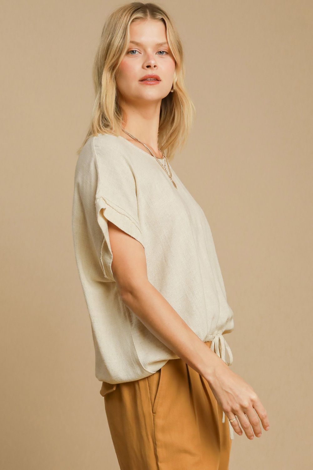 Umgee Drawstring Hem Round Neck Short Sleeve T-Shirt - Mervyns