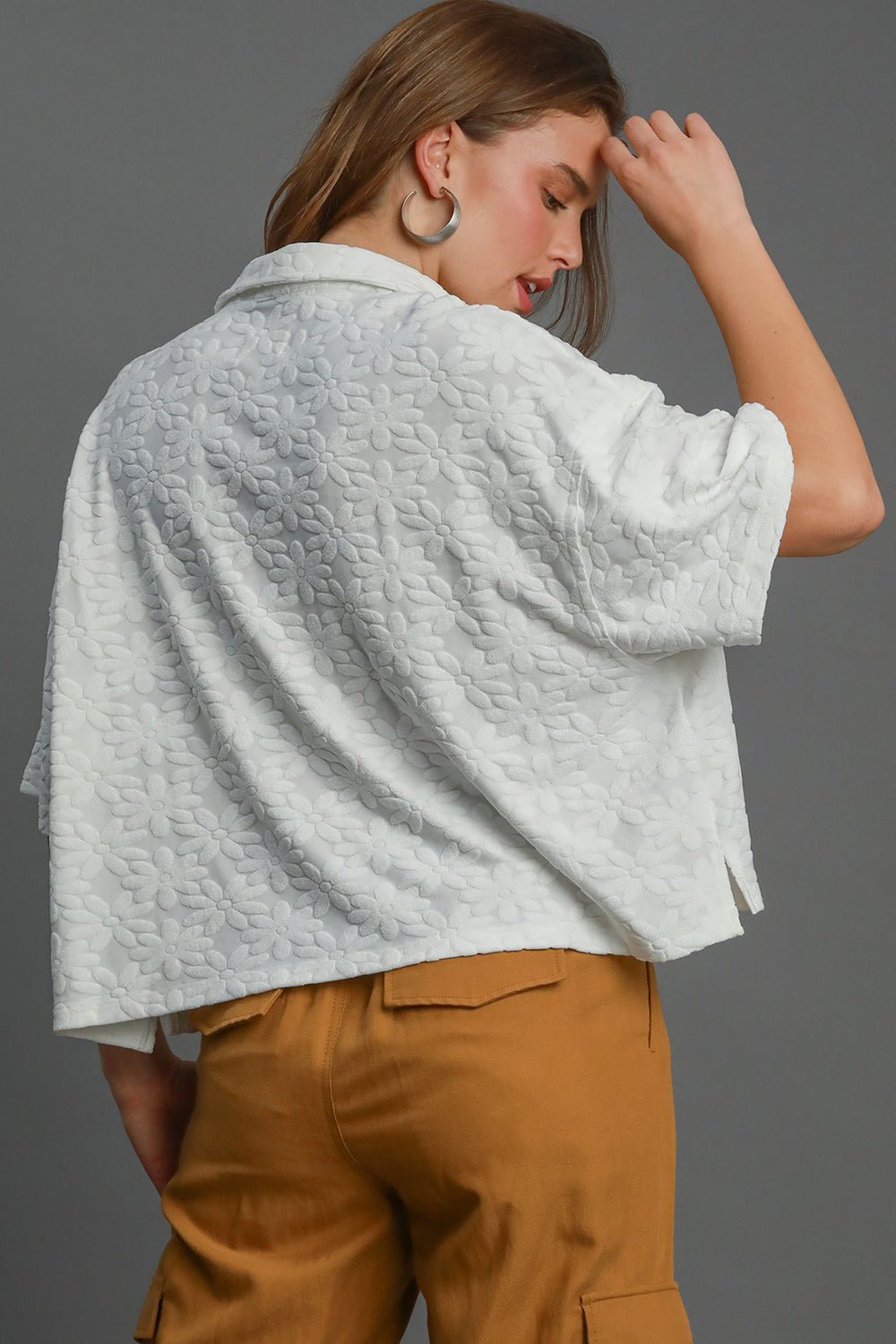 Umgee Floral Johnny Collar Half Sleeve Jacquard Top - Mervyns