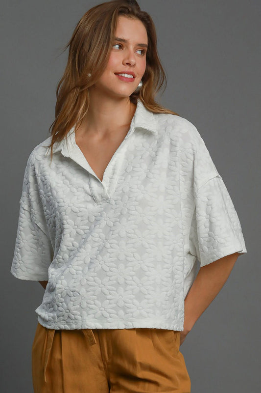 Umgee Floral Johnny Collar Half Sleeve Jacquard Top - Mervyns
