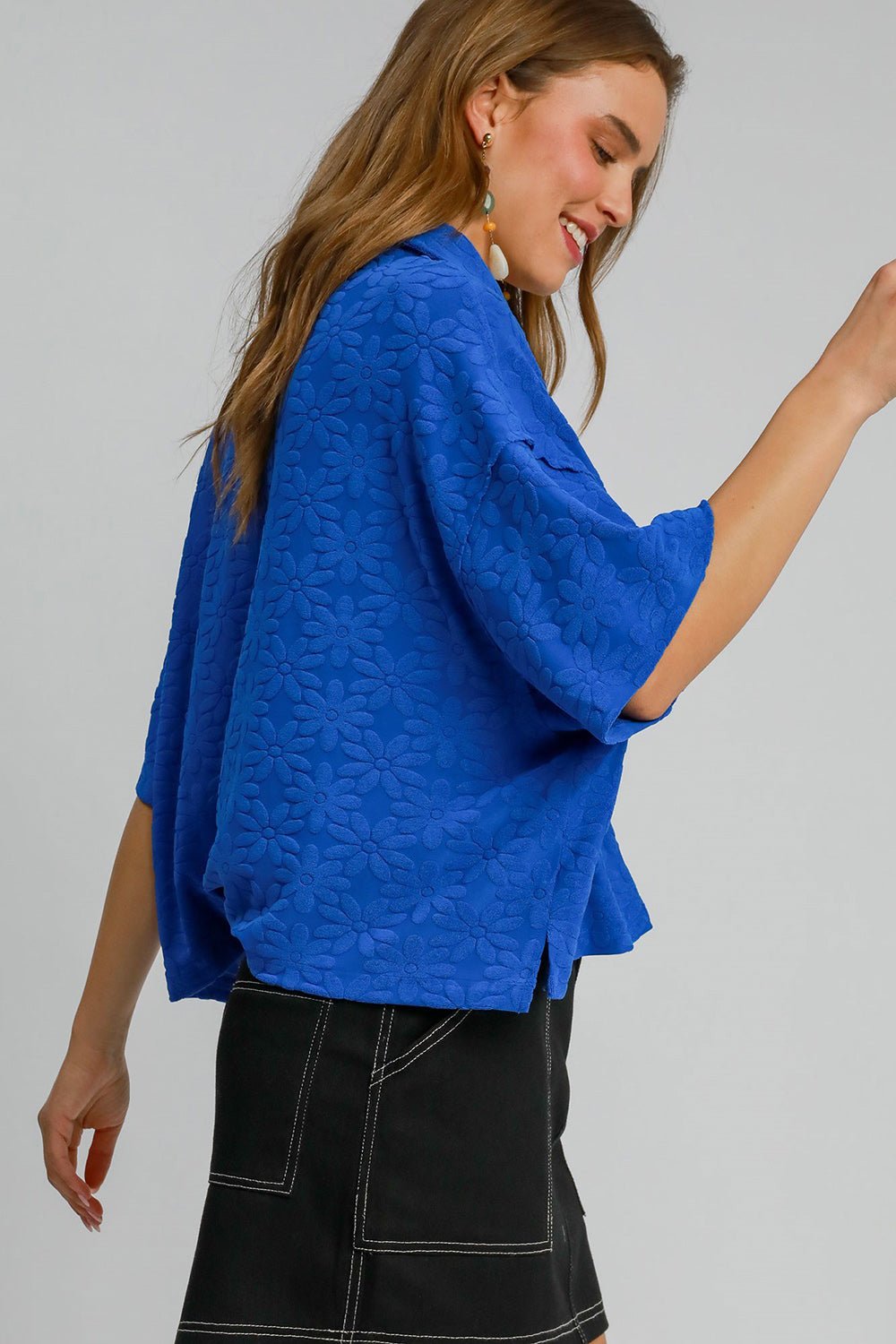 Umgee Floral Johnny Collar Half Sleeve Jacquard Top - Mervyns