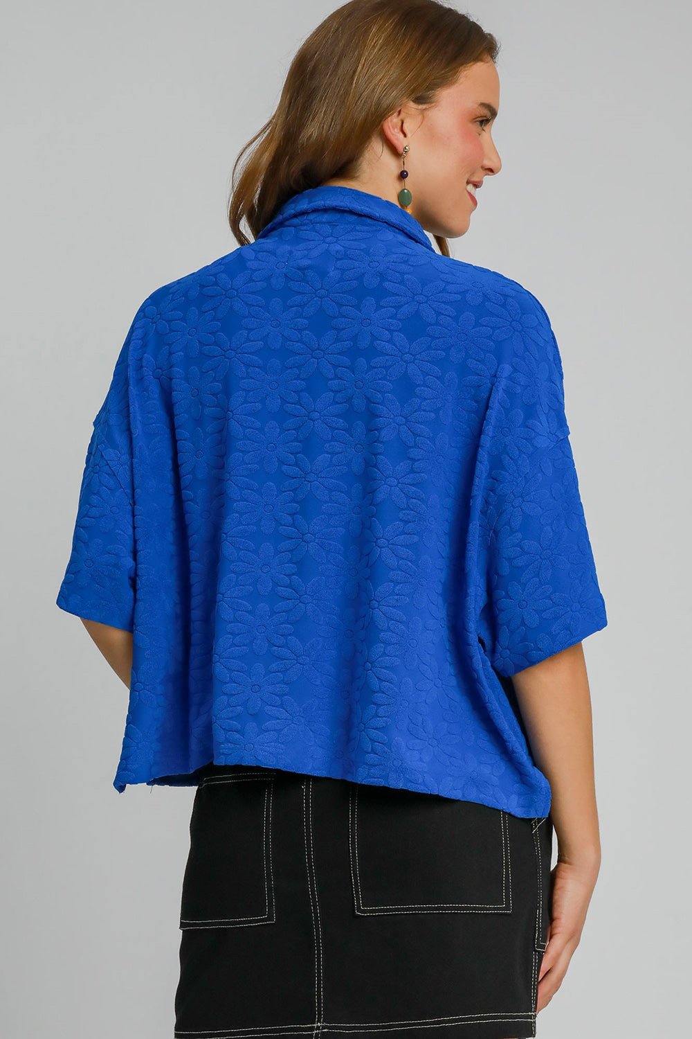 Umgee Floral Johnny Collar Half Sleeve Jacquard Top - Mervyns