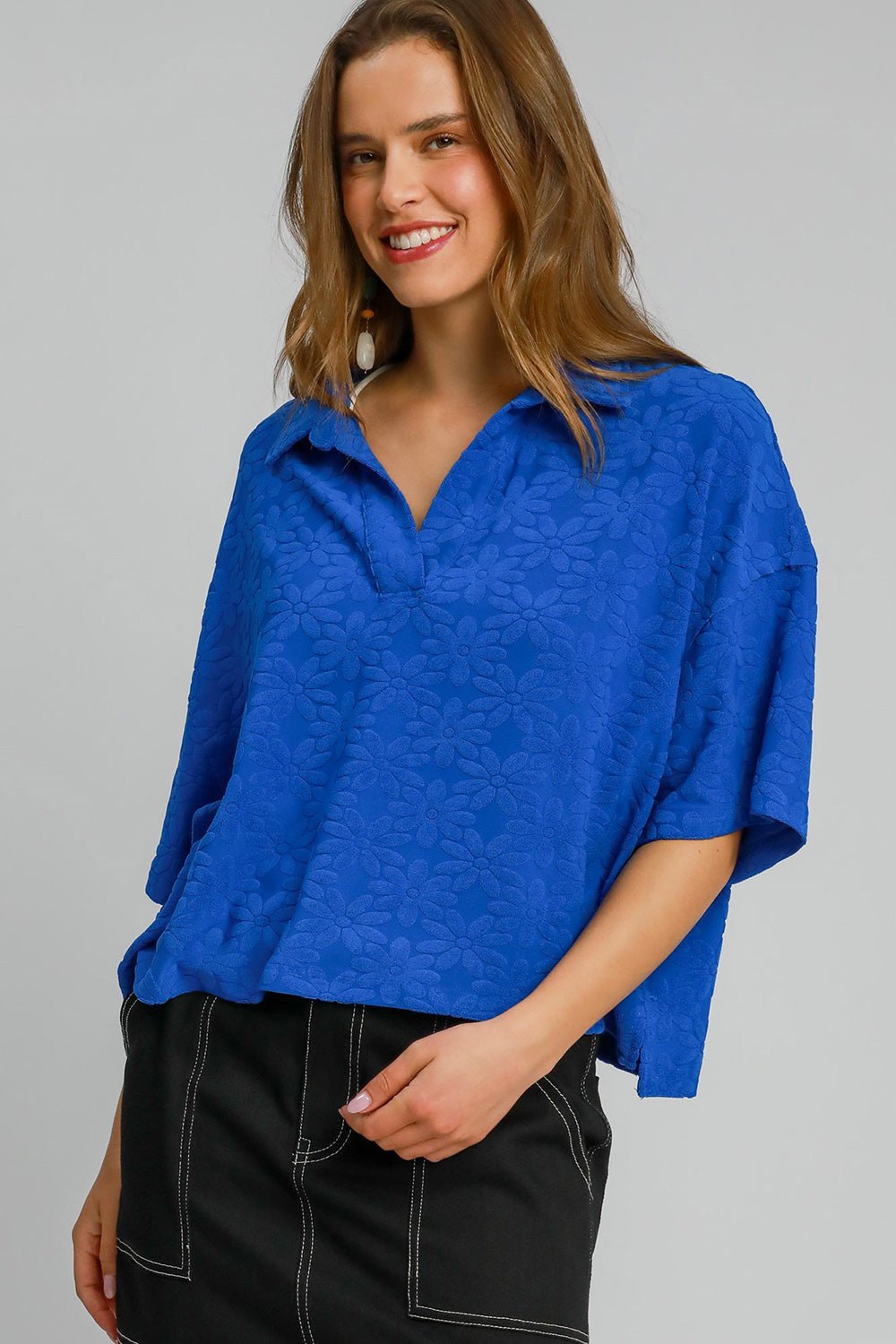 Umgee Floral Johnny Collar Half Sleeve Jacquard Top - Mervyns