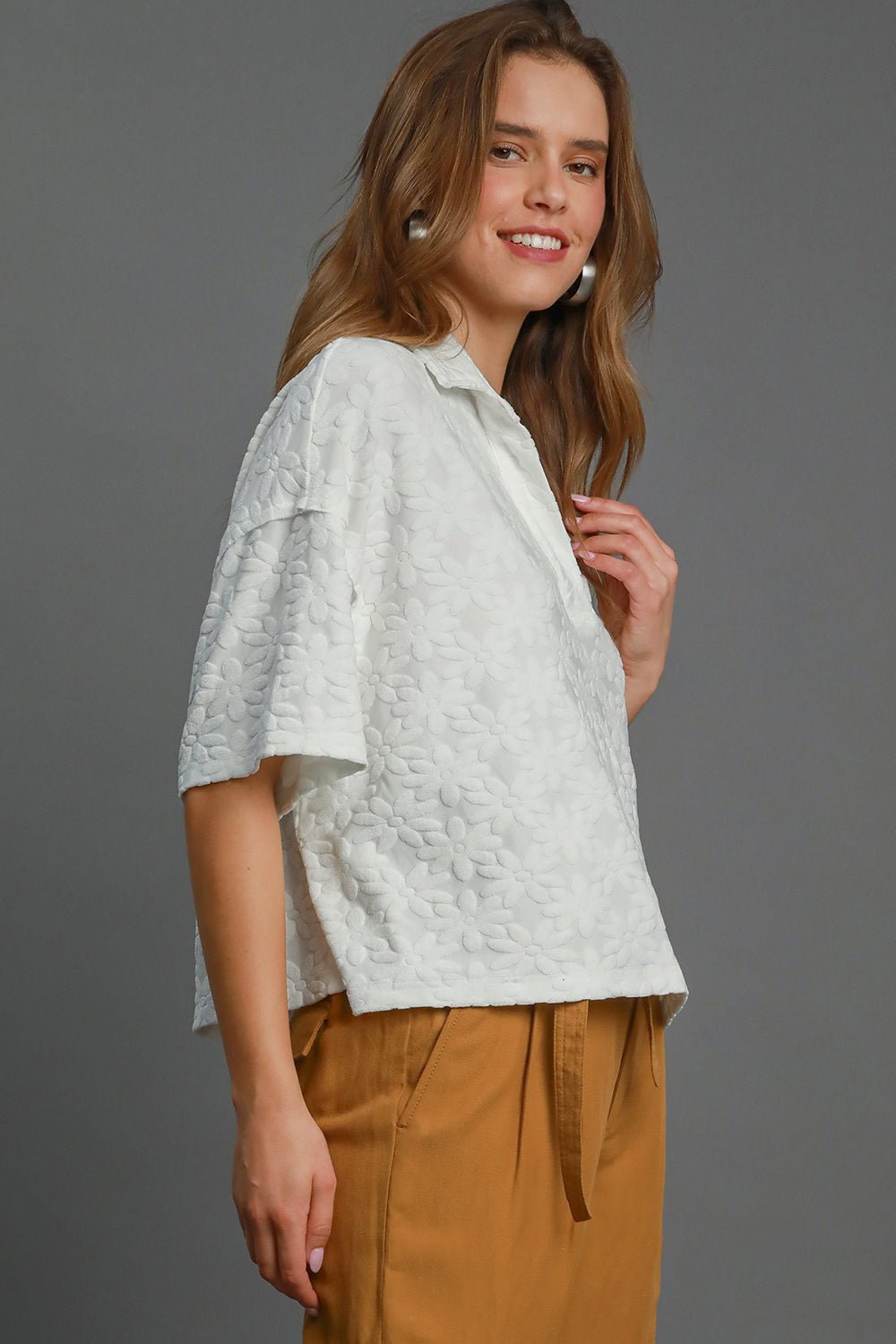 Umgee Floral Johnny Collar Half Sleeve Jacquard Top - Mervyns
